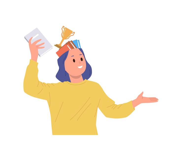 Vetor personagem de desenho animado feminino enchendo a cabeça com conhecimento de negócios para ilustração vetorial de crescimento de carreira
