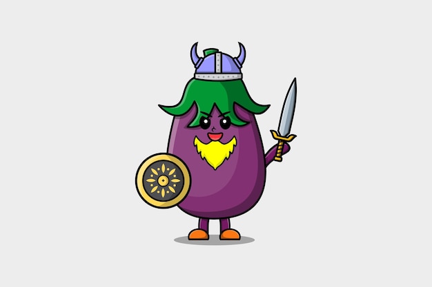 Personagem de desenho animado fofo berinjela viking pirata com chapéu e segurando ilustração de espada e escudo