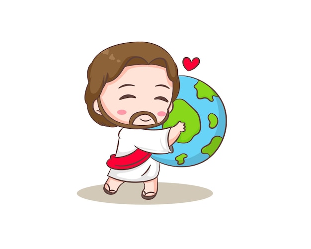Personagem de desenho animado fofo de Jesus Cristo abraçando a terra. Personagem Chibi desenhado a mão