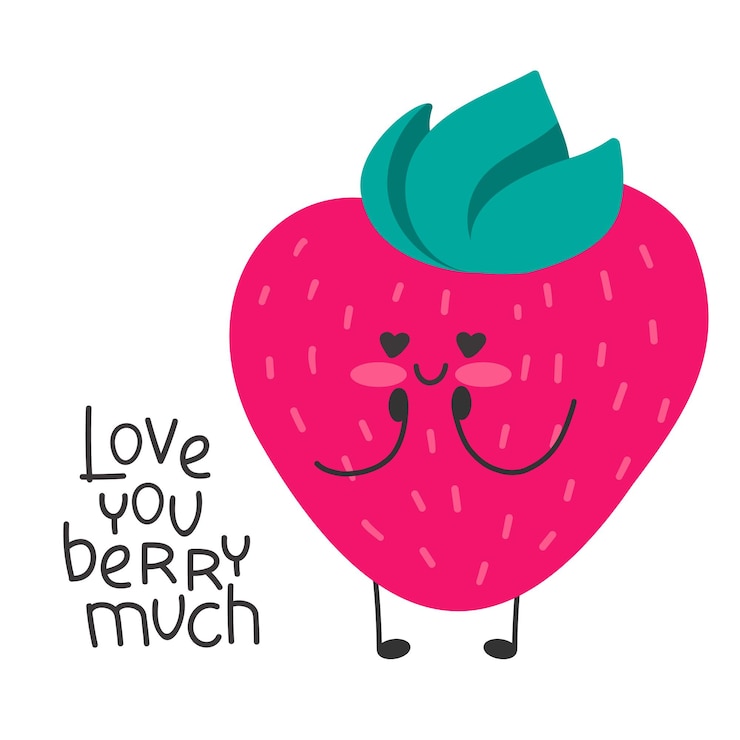 Personagem de desenho animado fofo de morango apaixonado. Dia dos namorados romântico. Te amo muito berry.