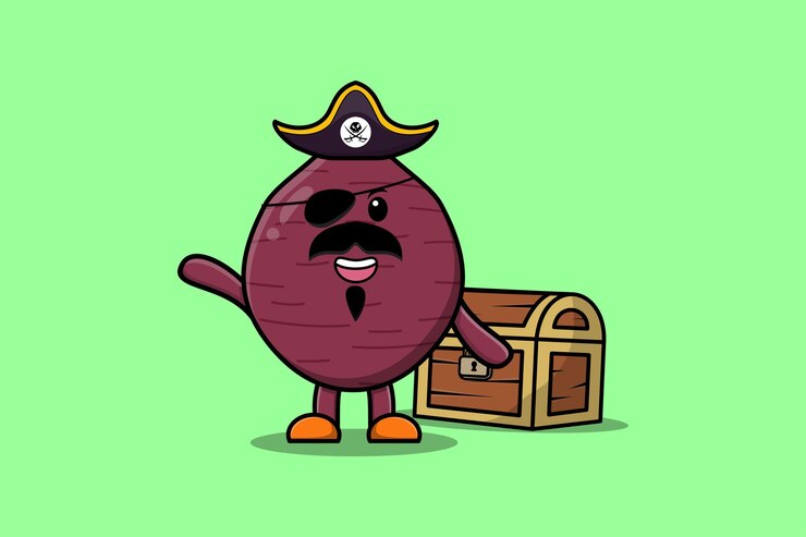 Vetor personagem de desenho animado fofo pirata de batata-doce com ilustração de caixa de tesouro em design de estilo moderno