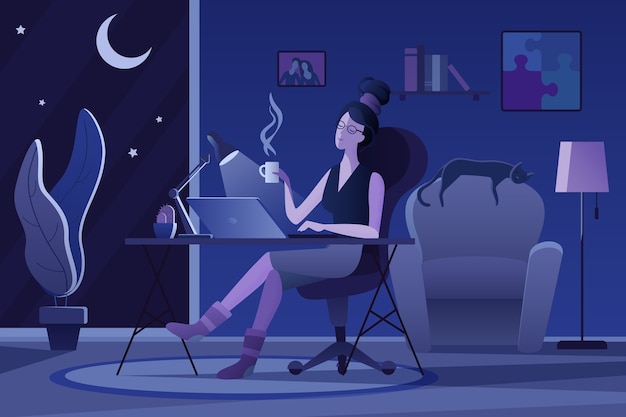 Personagem de desenho animado freelancer trabalhando à noite