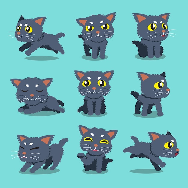 Personagem de desenho animado gato poses conjunto