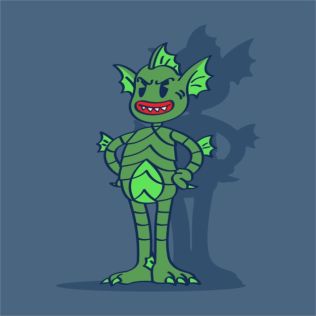 Vetor personagem de desenho animado halloween lake monster akimbo pose mão desenho ilustração vetorial estilo vintage