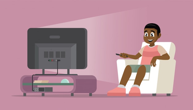 Personagem de desenho animado homem Africano sentado no sofá assistindo tv em casa.