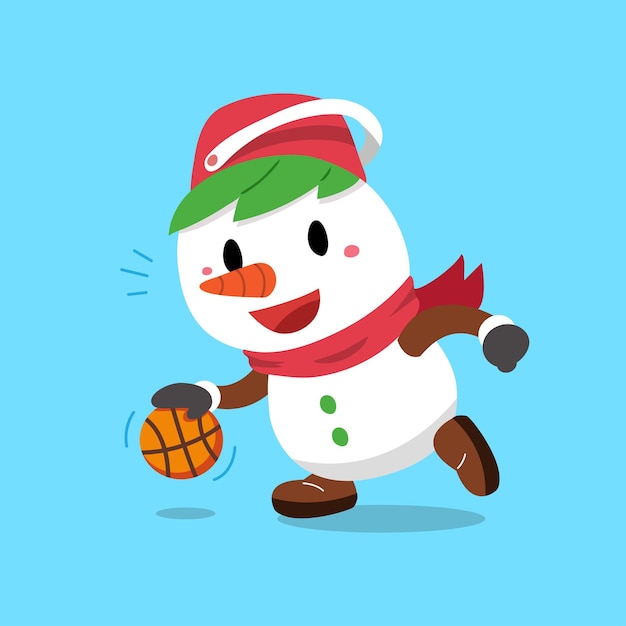 Vetor personagem de desenho animado homem de neve de natal jogando basquete