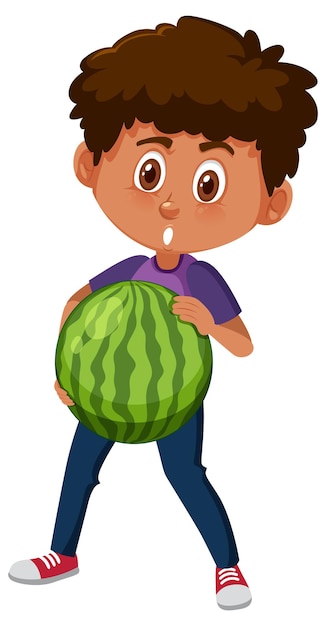 Personagem de desenho animado infantil segurando frutas ou vegetais isolados no fundo branco