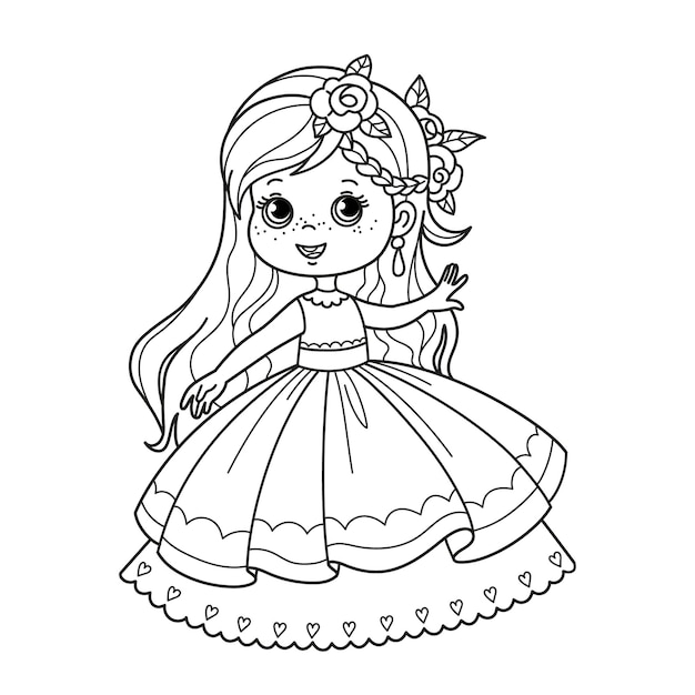 Personagem de desenho animado linda princesinha em um lindo vestido Página para colorir para crianças vetor preto