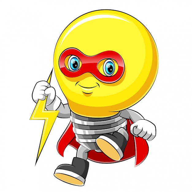 Personagem de desenho animado mascote bulbo alegre super-herói em um manto vermelho
