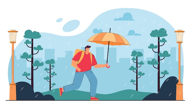 Personagem de desenho animado masculino correndo na chuva com guarda-chuva. homem no parque da cidade enquanto chove ilustração plana