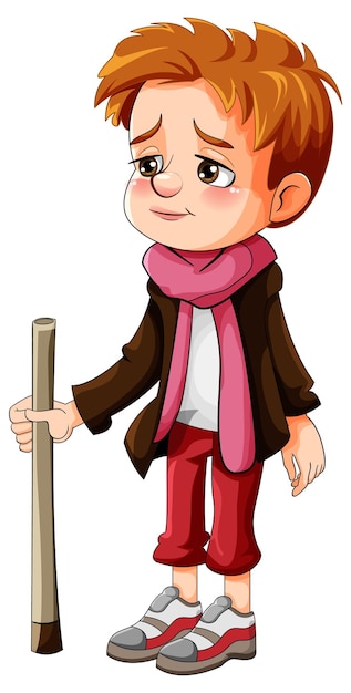 Personagem de desenho animado menino triste segurando bengala