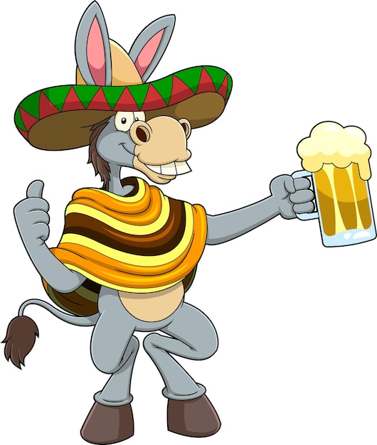 Vetor personagem de desenho animado mexicano de burro segurando um copo de cerveja e dando o polegar para cima