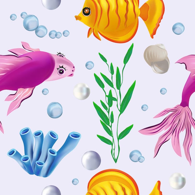 Personagem de desenho animado mundo subaquático padrão sem emenda com concha de pérola de estrela do mar com algas marinhas