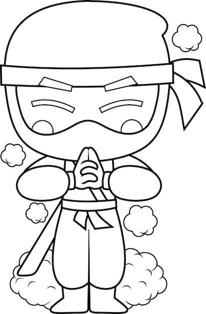 Personagem de desenho animado ninja boy warrior usa a técnica de emitir fumaça
