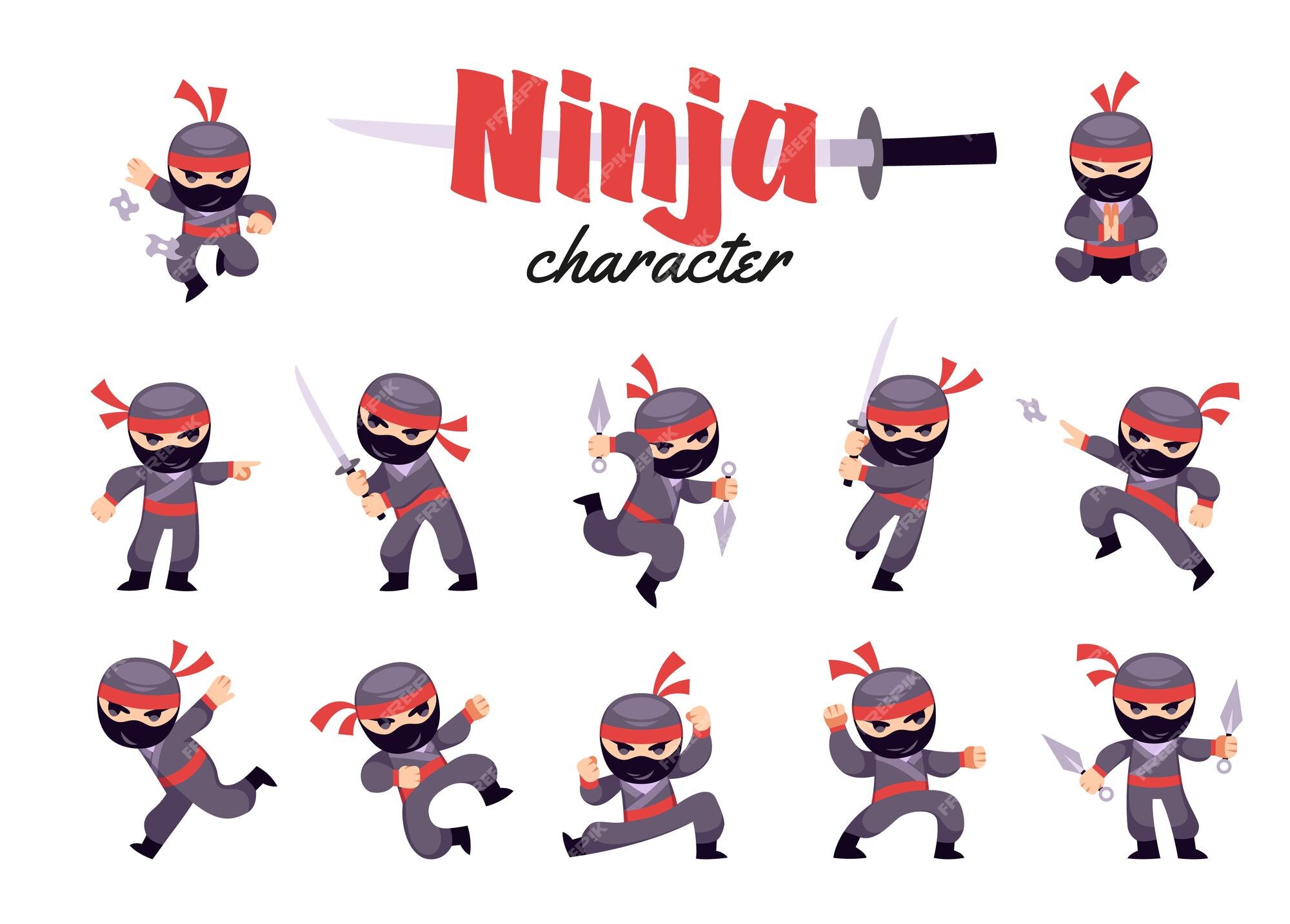 Conjunto de ninja bonito dos desenhos animados em várias poses., Vetor  Premium