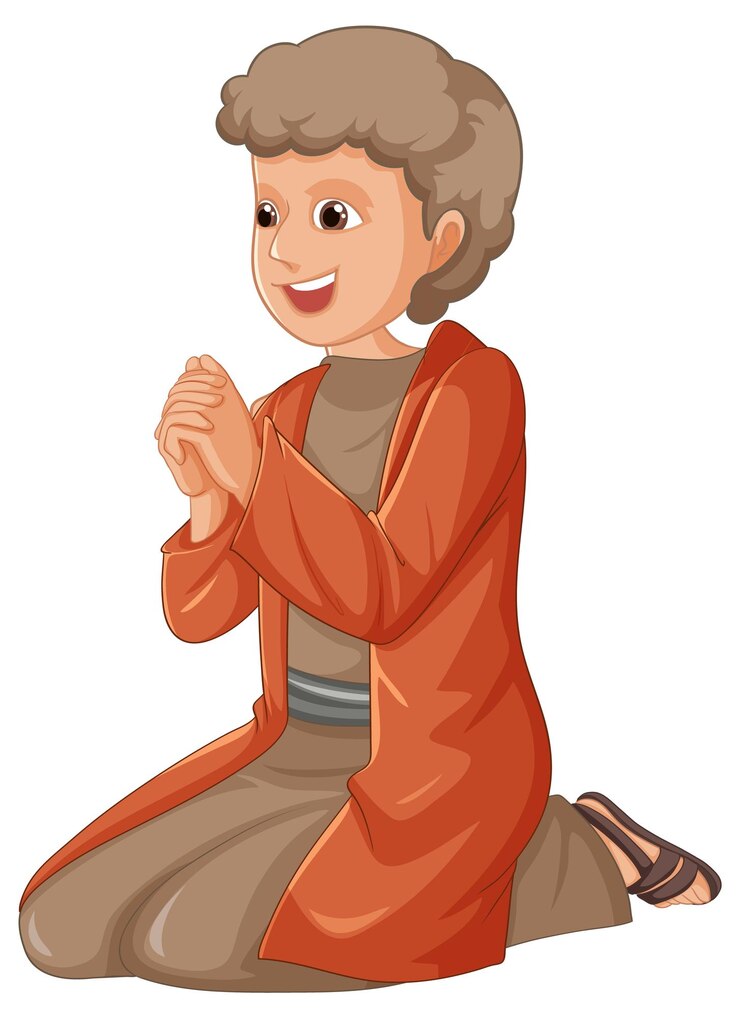 Vetor personagem de desenho animado orando de joelhos