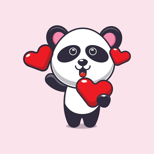 Personagem de desenho animado panda fofo segurando coração de amor no dia dos namorados