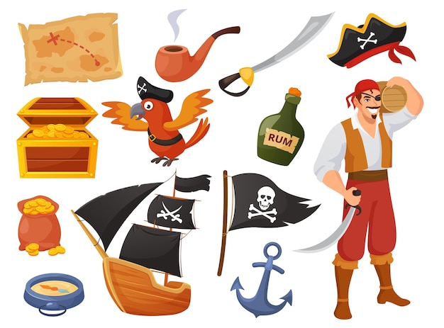 Personagem de desenho animado pirata com papagaio e mapa de tesouro de navio aventuras marítimas baú de âncora de barco com conjunto de vetores de elementos de piratas de ouro