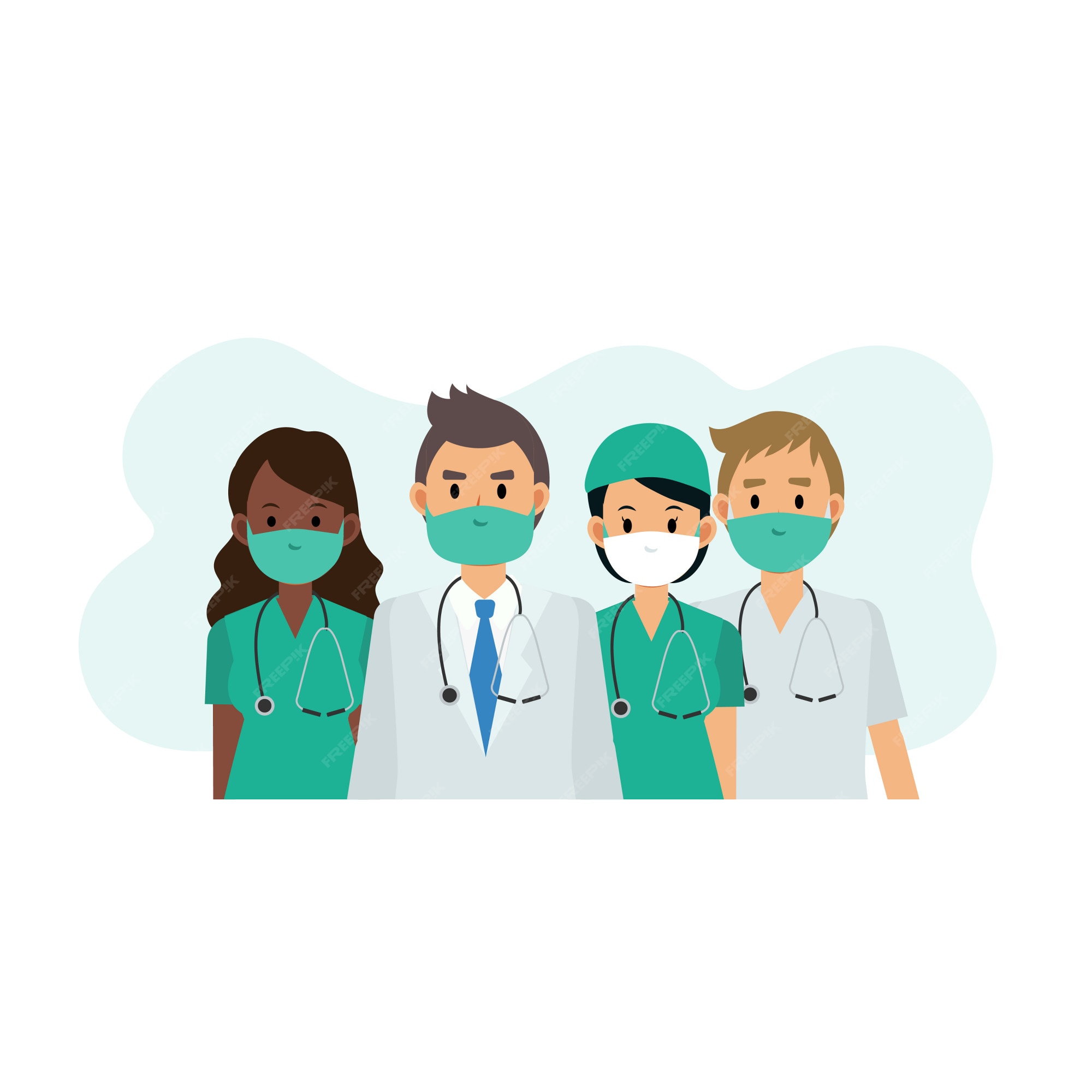 Personagem de desenho animado plana da equipe médica usando máscara  protetora no fundo branco. equipe de médico e enfermeiro.