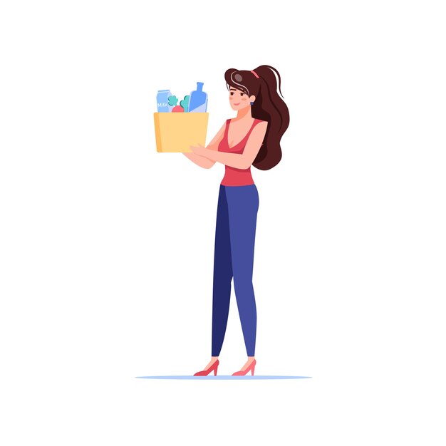 Vetor personagem de desenho animado plana mulher carrega pedidos de mercadorias