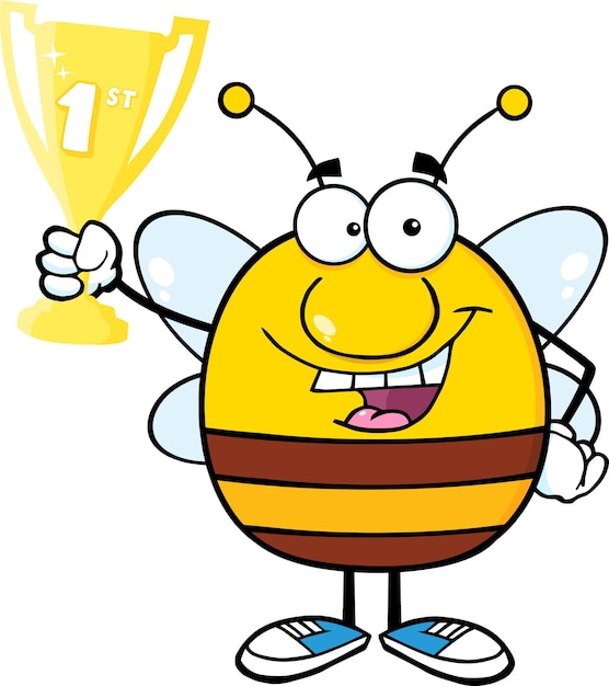 Personagem de desenho animado pudgy bee segurando a taça do troféu do primeiro prêmio