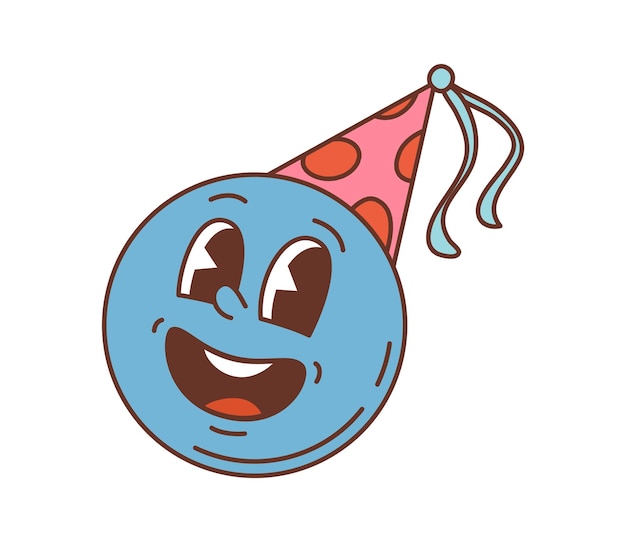 Personagem de desenho animado retro com um sorriso groovy em chapéu de festa