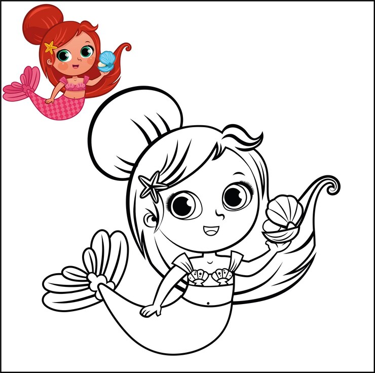 Vetor personagem de desenho animado sereia para ilustração vetorial de atividade de página de colorir