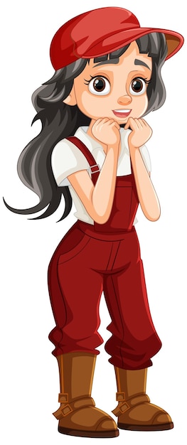 Personagem de desenho animado shy farmer girl em macacão vermelho