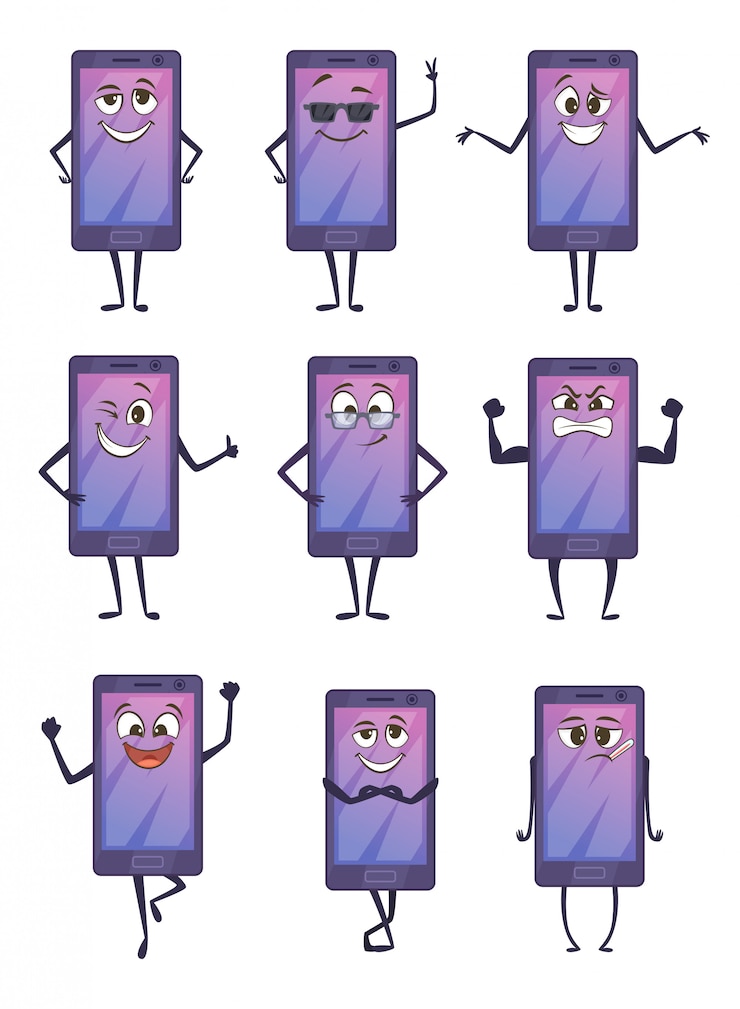Vetor personagem de desenho animado. smartphone sorridente com emoções diferentes