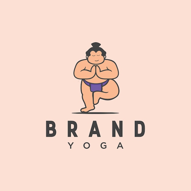 Personagem de desenho animado sumo gordo ioga e meditação relaxam o logotipo do tempo