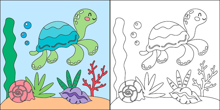 Vetor personagem de desenho animado tartaruga ilustração de vida marinha submarina animais marinhos páginas para colorir