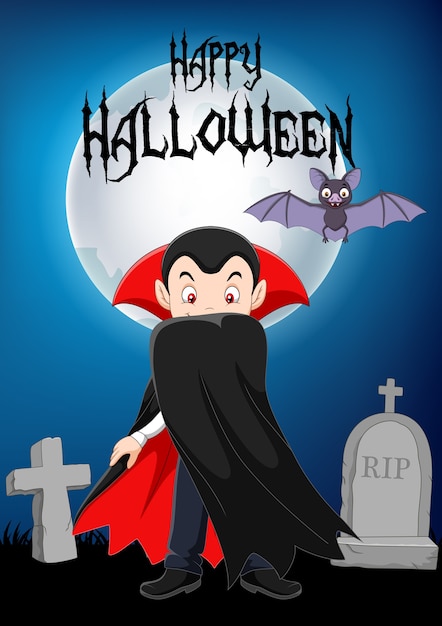 Vetor personagem de desenho animado vampiro com fundo de halloween