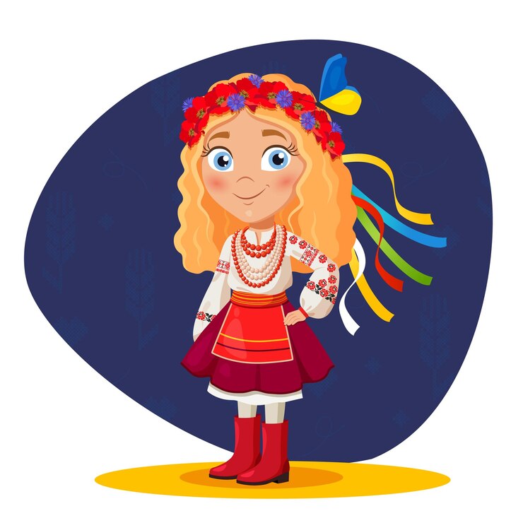 Vetor personagem de desenho animado vestida com traje bordado popular ucraniano com coroa de flores tradicionais