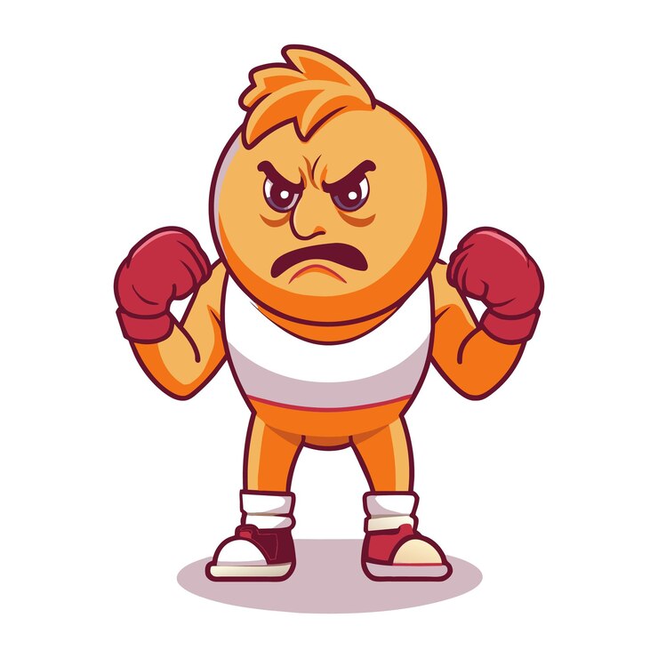 Vetor personagem de desenho animado zangado pronto para bater com luvas de boxe e tênis em fundo branco