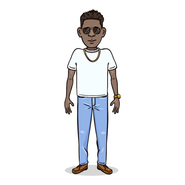Vetor personagem de desenho vetorial rico jovem afro-americano em camiseta branca e jeans