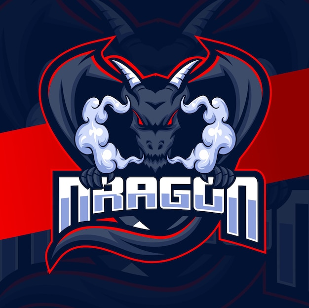 Personagem de design do logotipo do dragon mascote esport para esportes e jogos com nuvem de garras e fumaça