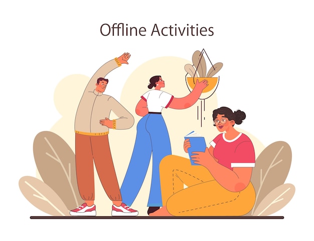 Personagem de desintoxicação digital praticando mindfulness reduzindo o tempo de tela e desfrutando de zonas livres de tecnologia