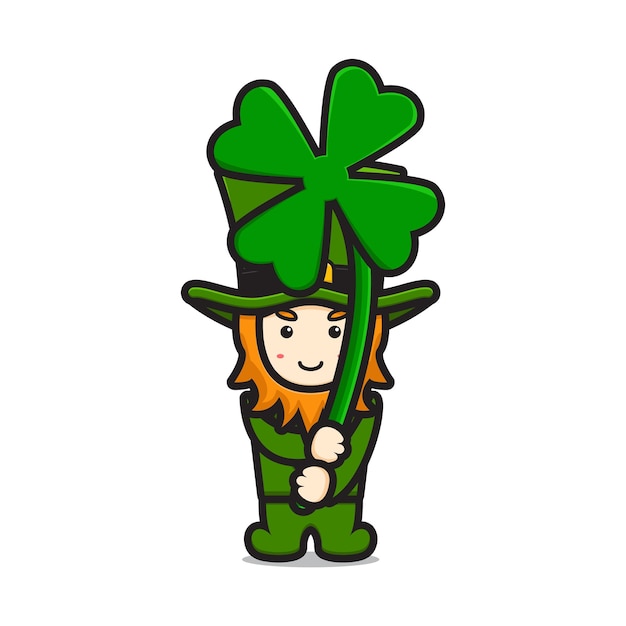 Vetor personagem de dia de são patrício bonito leprechaun segurando a ilustração do ícone do vetor dos desenhos animados de trevo