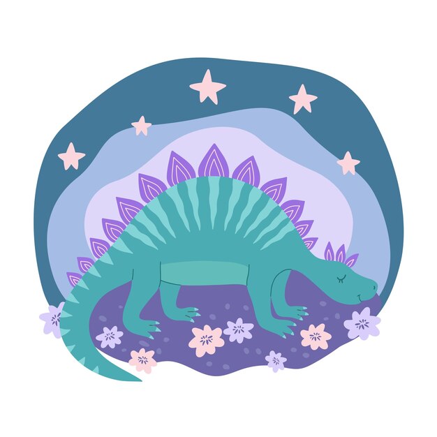 Personagem de dinossauro de desenho animado bonito para crianças em estrelas e flores ilustração vetorial