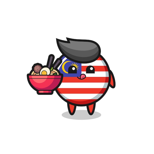 Personagem de distintivo de bandeira da malásia bonito comendo macarrão
