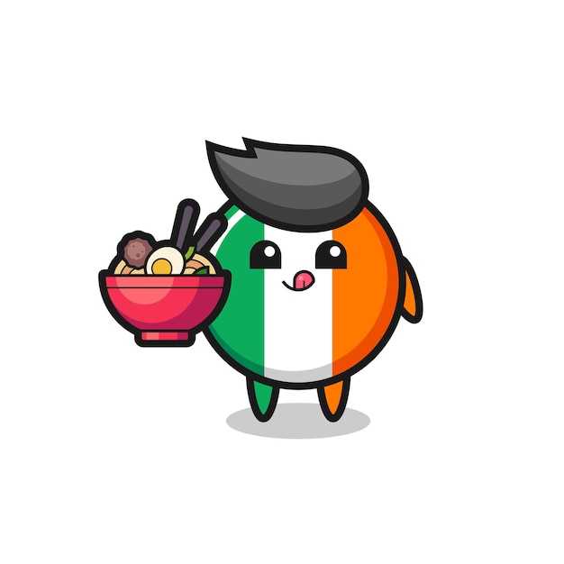 Personagem de distintivo de bandeira irlandesa fofa comendo macarrão, design de estilo fofo para camiseta, adesivo, elemento de logotipo