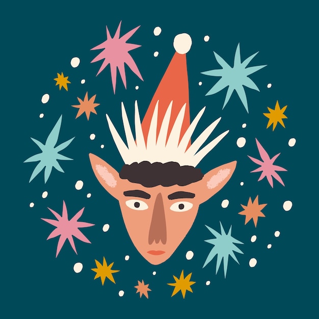 Personagem de duende natal com rosto de conto de fadas infantil cartoon doodle boho ingênuo funky estilo arte desenhada à mão