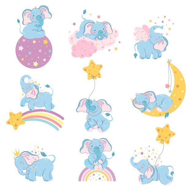 Personagem de elefantes sonhadores animal fofo dorme na lua bebê elefante sonho em nuvens e estrelas pastel vector conjunto de ilustração