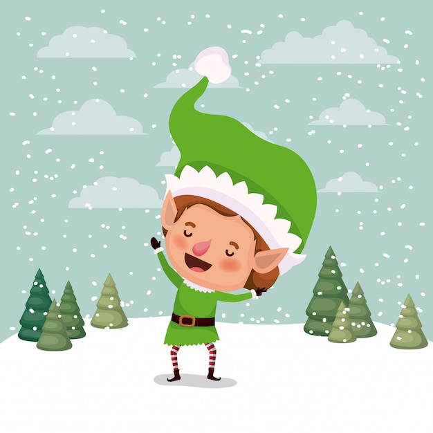 Personagem de elf pequeno natal em snowscape design de ilustração vetorial