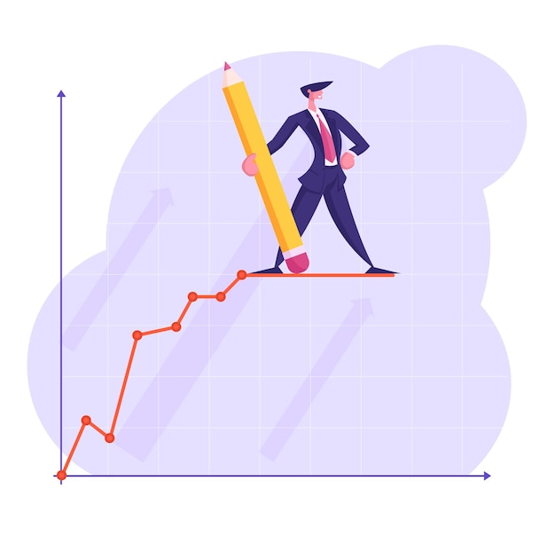 Vetor personagem de empresário com um lápis enorme na mão fique em cima do gráfico de negócios em crescimento