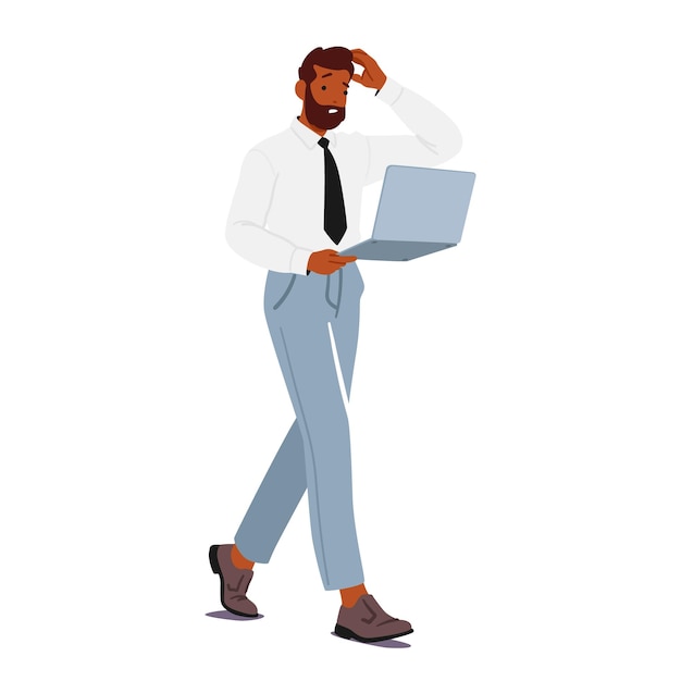 Personagem de empresário confuso segurando laptop usa sobrancelha franzida retratando o caos da vida corporativa moderna e os desafios de navegar no mundo digital cartoon pessoas ilustração vetorial