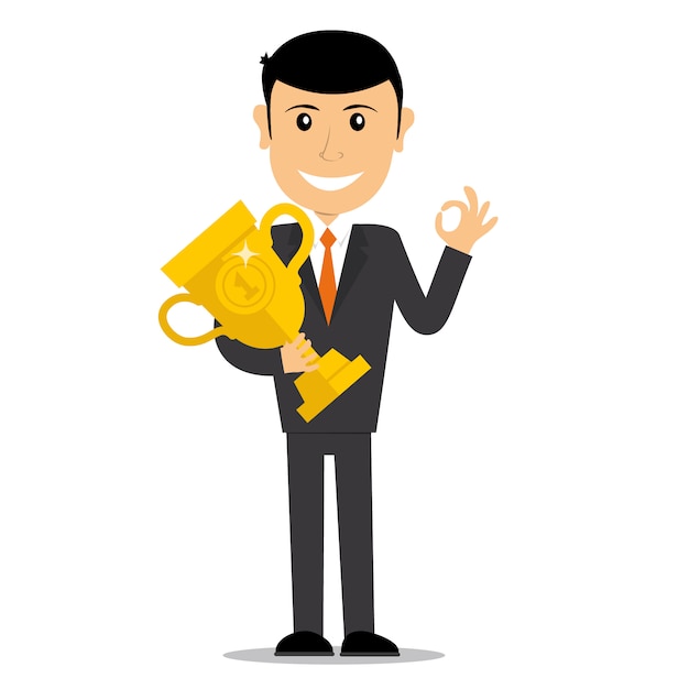 Personagem de empresário de vencedores. O primeiro vencedor segura o troféu. Conceito de negócios. ilustração.