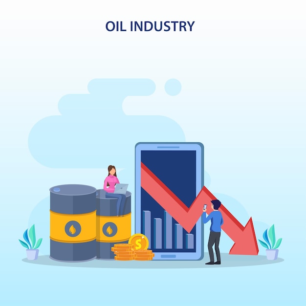 Personagem de empresário olhando para o preço do gráfico de petróleo em declínio com tambor de óleo e moedas vetor plana