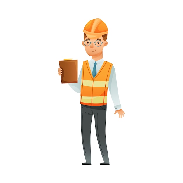 Personagem de engenheiro masculino em capacete de segurança laranja e oeste segurando tablet com notas vetor de desenho animado