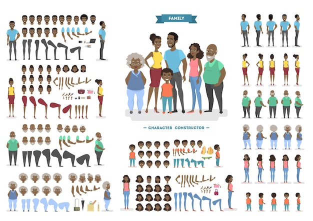 Vetor personagem de família afro-americana feliz definida para animação com vários pontos de vista, penteados, emoções de rosto, poses e gestos. vista frontal, lateral e traseira. ilustração em estilo cartoon